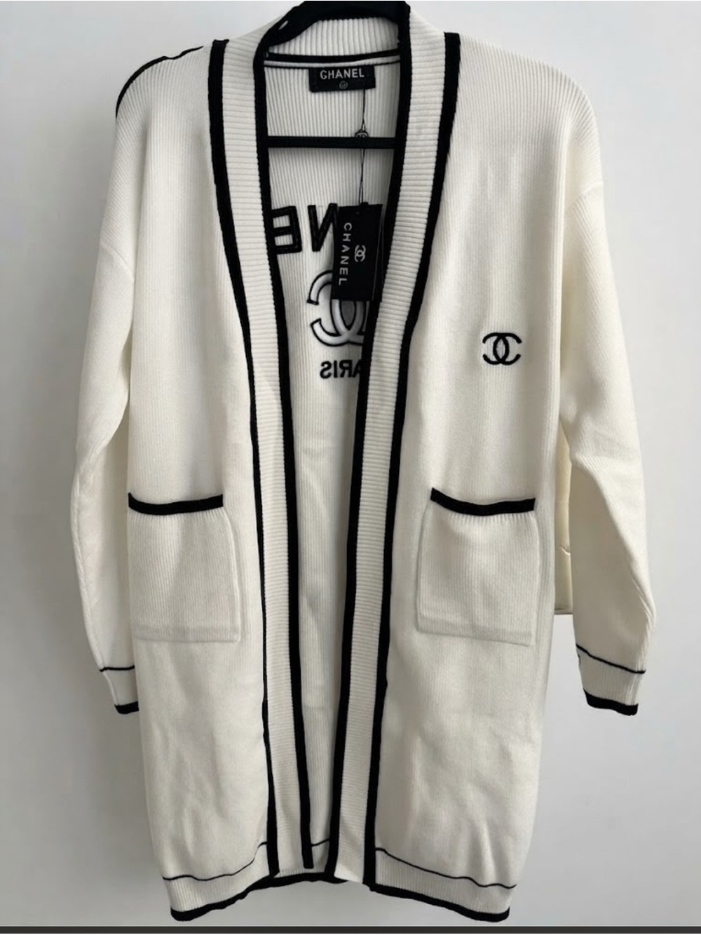 Brand New White Open-Front Cardigan Sweater with Black Trim